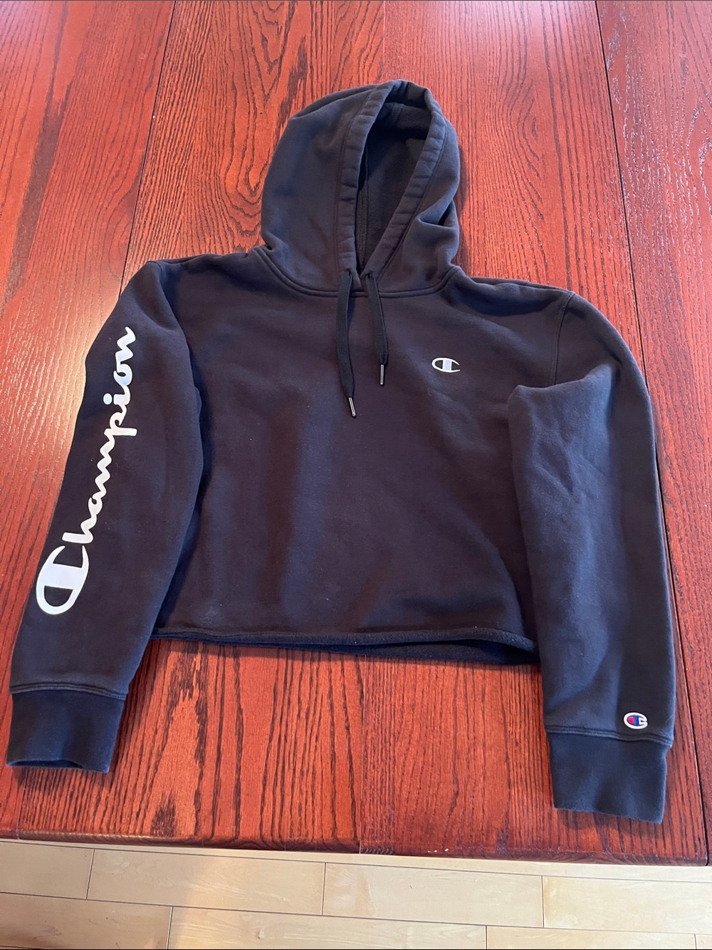 Champion Black Cropped Hoodie with White Sleeve Script